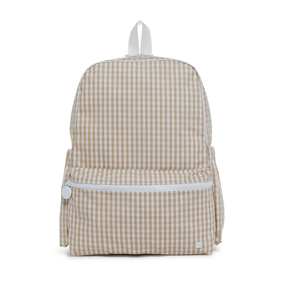 Khaki TRVL Designs TSA backpack with multiple compartments and padded straps, designed for travel and everyday use.