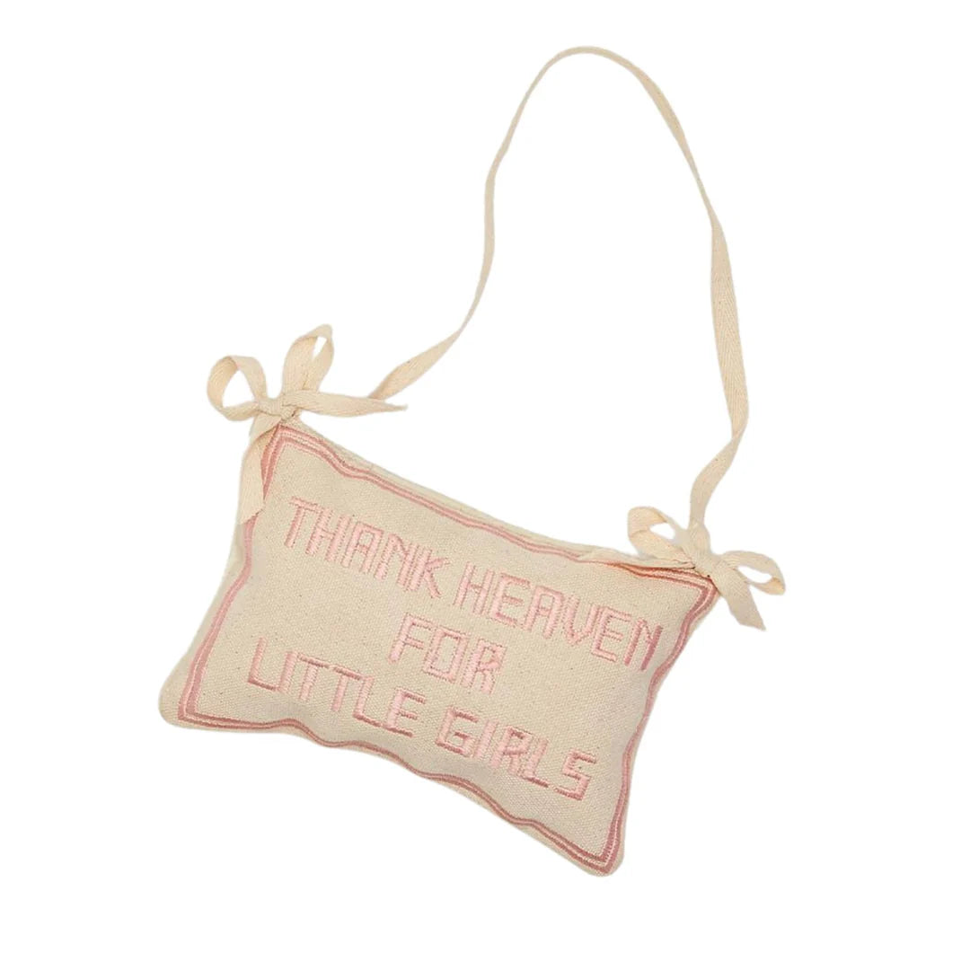 Thank Heaven embroidered pillow door hanger from Sweet E's Children's Boutique with colorful floral embroidery and decorative trim.