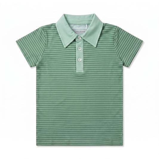 Hollis Baker green stripe Trey Polo shirt with classic collar and short sleeves, showcasing vibrant vertical stripe pattern.