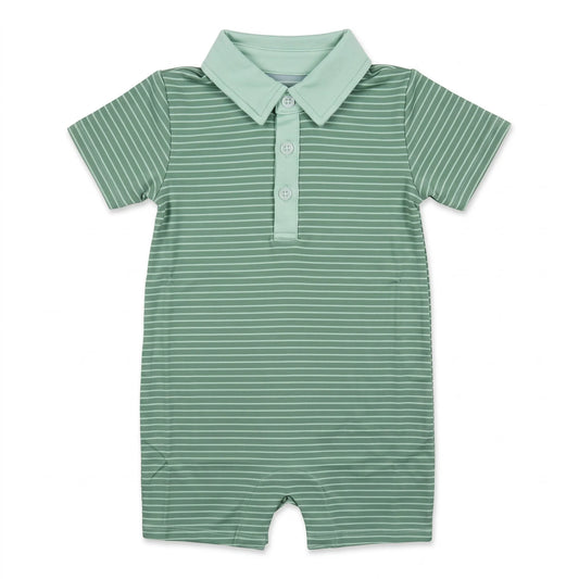 Hollis Baker green stripe Tripp romper for babies, featuring a comfortable sleeveless design and playful stripe pattern.