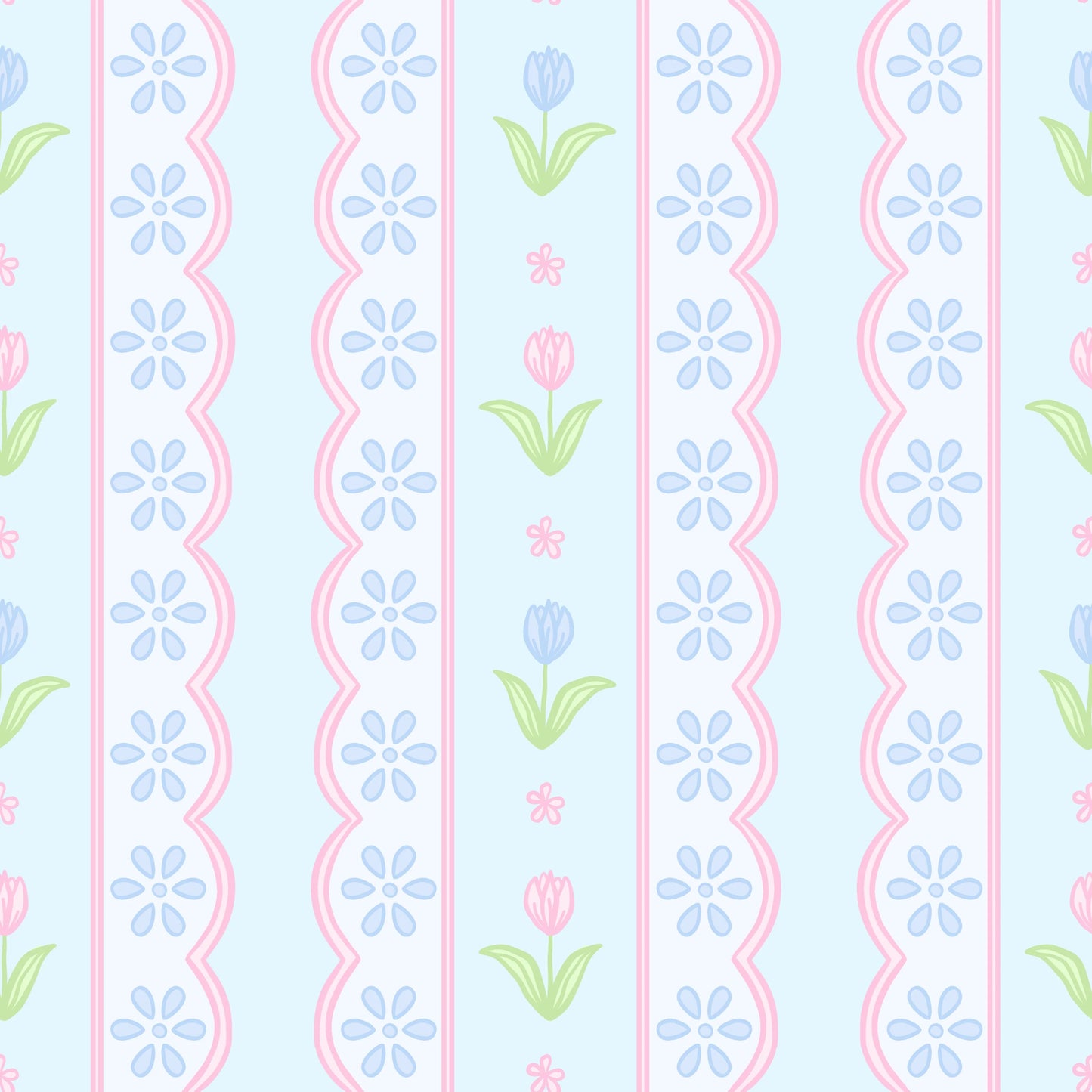 Blue floral scallop Lottie Bloomer set by James & Lottie with a tulip stripe pattern, featuring soft fabric and decorative scalloped edges.