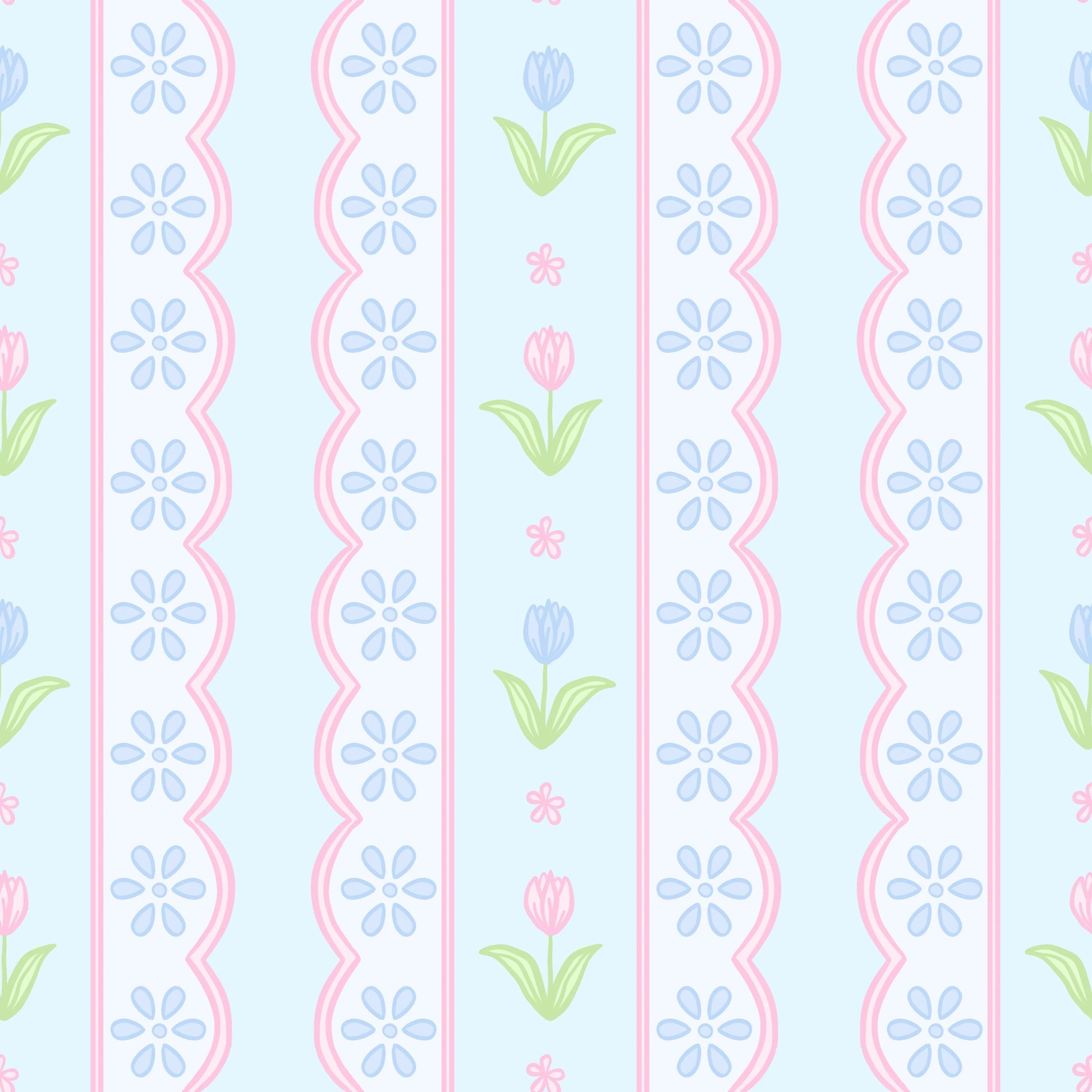 Blue floral scallop Lottie Bloomer set by James & Lottie with a tulip stripe pattern, featuring soft fabric and decorative scalloped edges.
