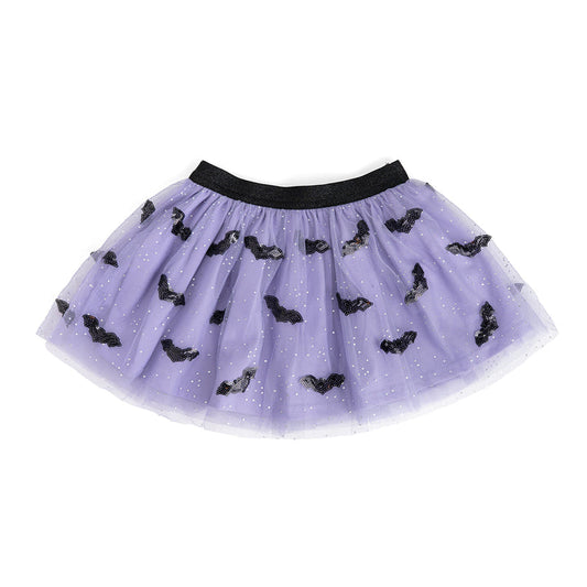 Sequin bat Halloween tutu skirt by Sweet Wink featuring black and purple tulle with shiny sequin bat details for spooky style