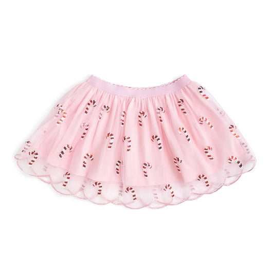 Candy cane scalloped tutu skirt by Sweet Wink, featuring red and white striped fabric with scalloped hem and tutu-style design.