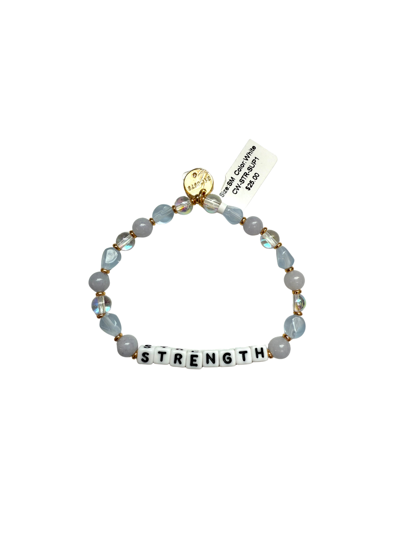 Little Words Project bracelet with engraved word charm, featuring colorful beads and a silver clasp on a white background.