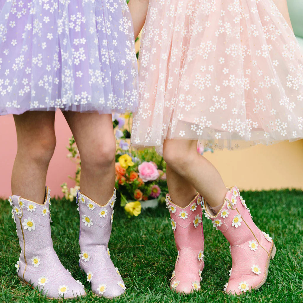 Wild + Rae Cowgirl Pink Oopsie Daisy Boots with lilac accents, featuring floral details and cowboy style for girls.