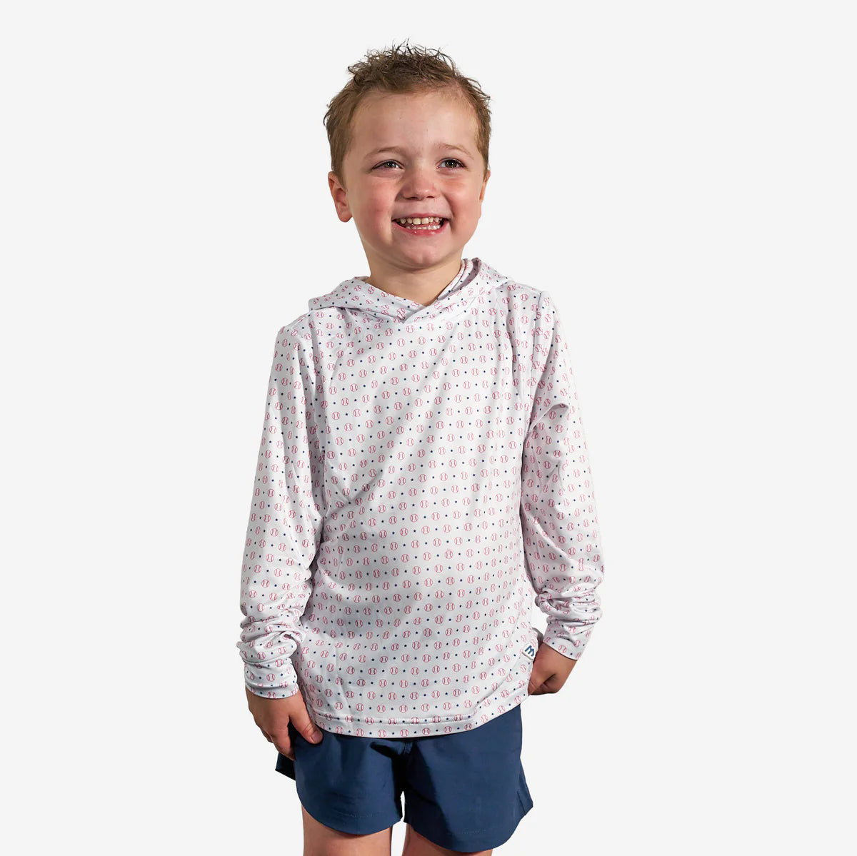 Youth performance hoodie with baseball design by Burlebo, shown on a model, featuring a comfortable fit and sporty style.