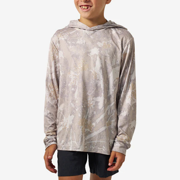 Youth Drifter Camo Performance Hoodie by Burlebo, featuring a camouflage design, hood, and casual fit for active wear.
