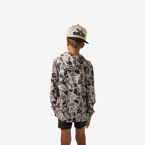 Youth Mallard Mayhem Camo Performance Hoodie by Burlebo, featuring camouflage fabric and sporty design, shown on a white background.