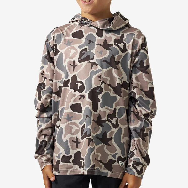 Youth Mallard Mayhem Camo Performance Hoodie by Burlebo, featuring camouflage fabric and a sporty, comfortable fit.