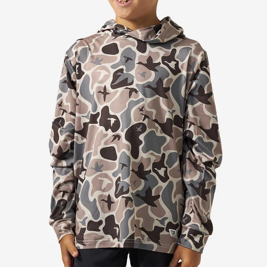 Youth Mallard Mayhem Camo Performance Hoodie by Burlebo, featuring camouflage fabric and a sporty, comfortable fit.