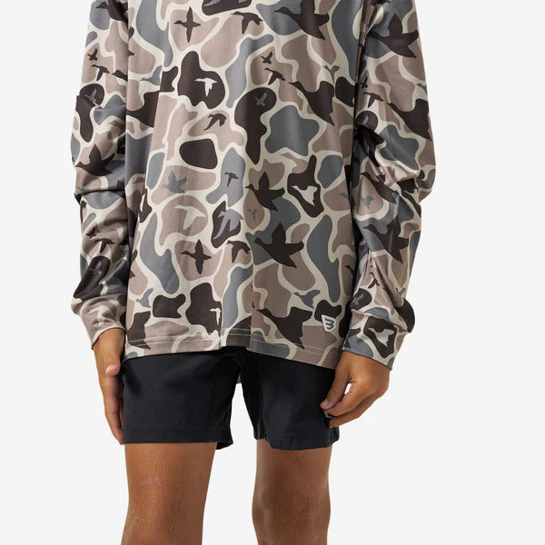 Youth Burlebo Mallard Mayhem camo performance hoodie with front pocket and hood, featuring a bold camouflage pattern.