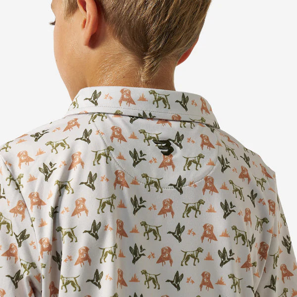 Youth Burlebo Mallard Duck Dog Performance Polo, lightweight fabric with mallard duck print, designed for comfort and style.