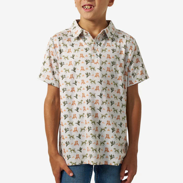 Youth Mallard Duck Dog Performance Polo by Burlebo, navy blue with a mallard duck print and polo collar, designed for active dogs.