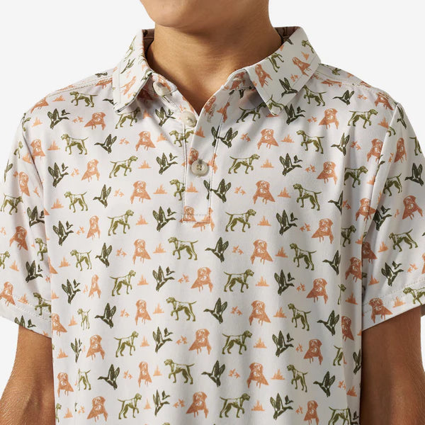 Youth Mallard Duck Dog Performance Polo by Burlebo, featuring a stylish polo shirt with mallard duck print for active dogs.