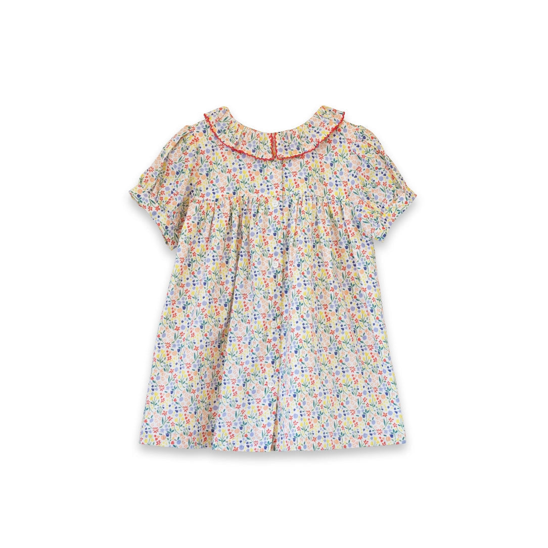 Yellow petal confetti toddler Emily dress with lace trim, featuring a charming, sleeveless design and floral accents for little girls.