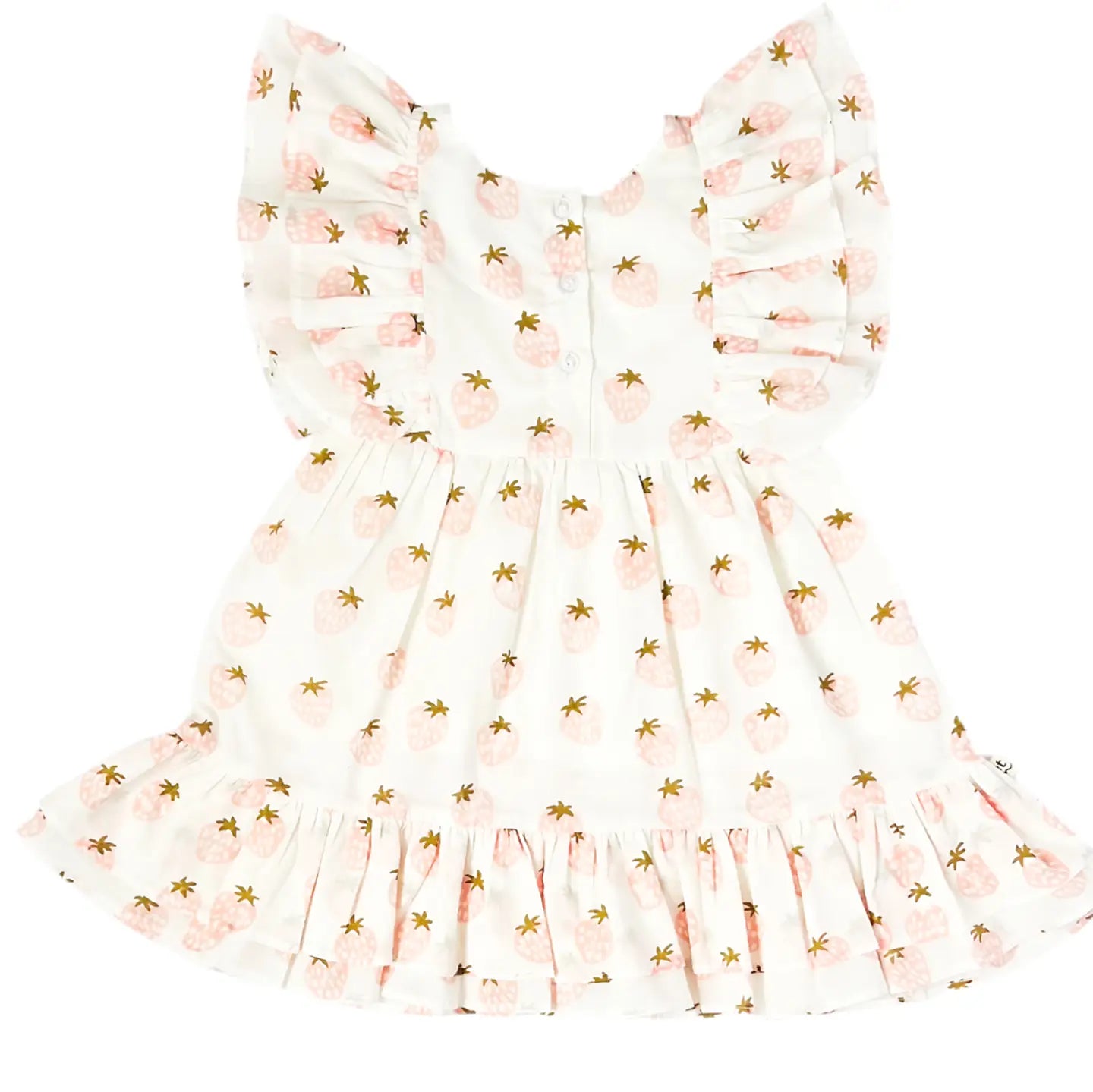 Eight Thousand Miles strawberry frill sleeve dress displayed on a hanger with detailed frill sleeves and vibrant red strawberry print.