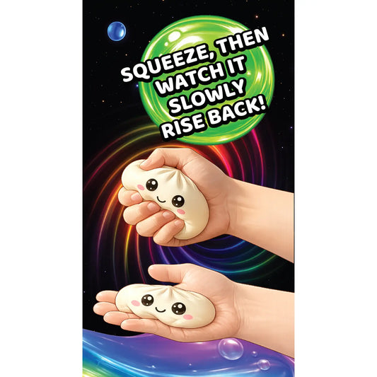 Fun Doh Mystery Slow Rise Dumpling squish toy by Novelty Brands, soft and stretchy with a fun dumpling design for stress relief.