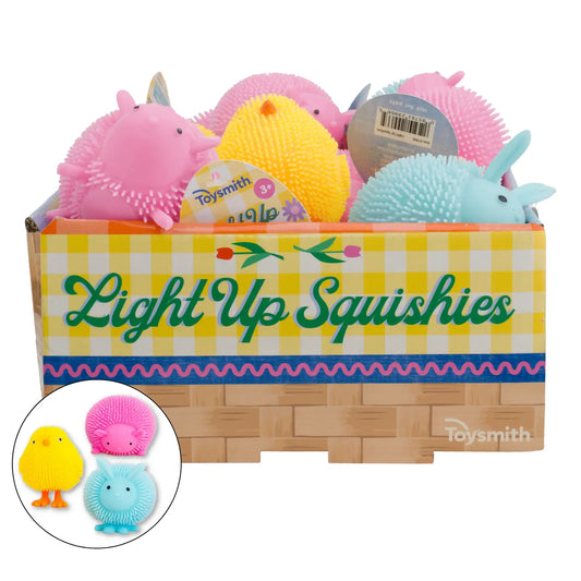 Colorful Light-Up Squishies by Toysmith, soft stress relief toys with glowing features, shown in various bright colors.
