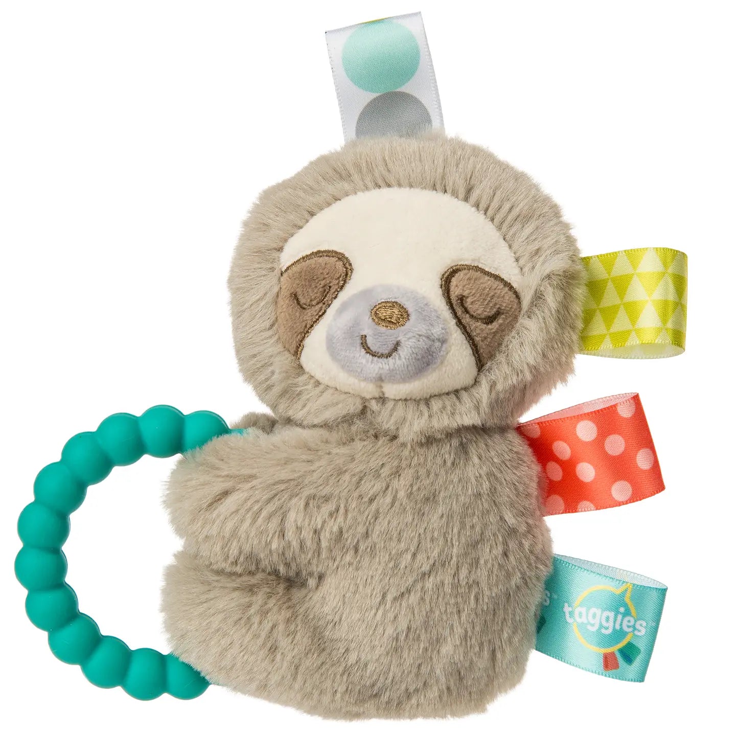 Mary Meyer Taggies Molasses Sloth teether rattle with soft fabric and textured tags, designed for soothing and entertaining babies.