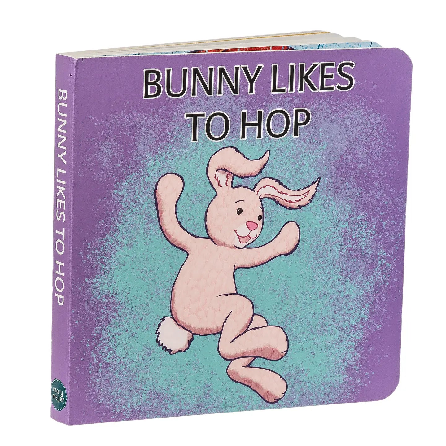 Mary Meyer Bunny Likes To Hop board book with colorful illustrated bunny characters and playful design for young children.