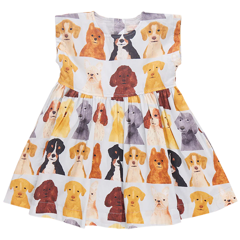 Pink Chicken - Girls Adaline Dress - Light Blue Watercolor Dogs