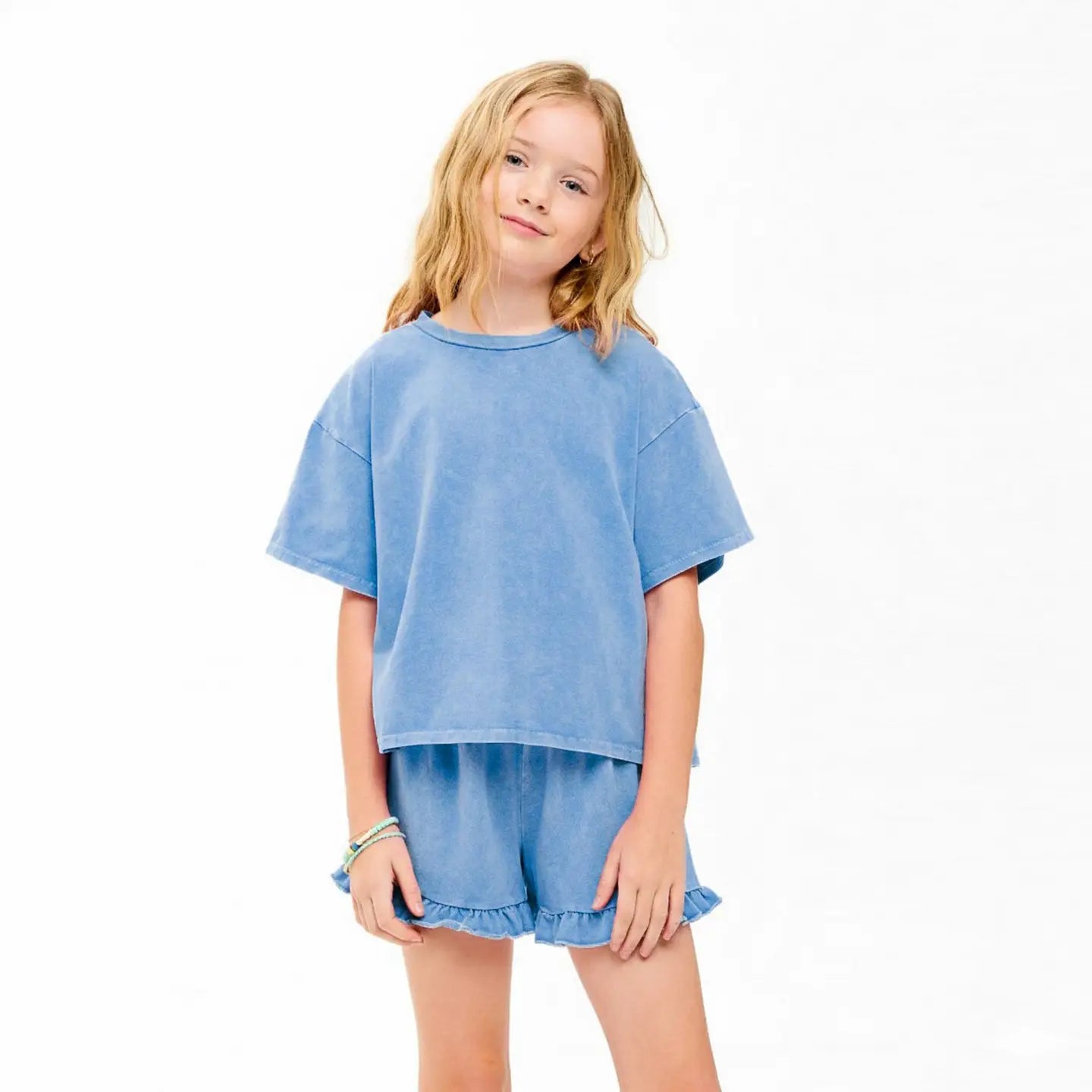 Mineral washed top and shorts set by Good Girl, featuring a casual, relaxed fit with soft, textured fabric in neutral tones.