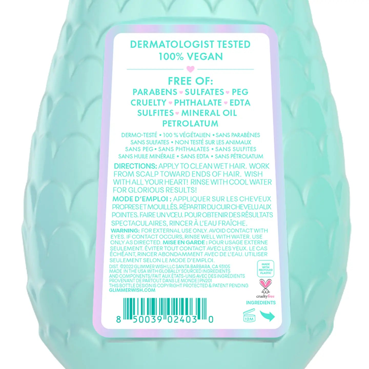 Glimmer Wish Mermaid Kids Conditioner by Sweet E's Children's Boutique, paraben and sulfate free, with a colorful mermaid-themed bottle.