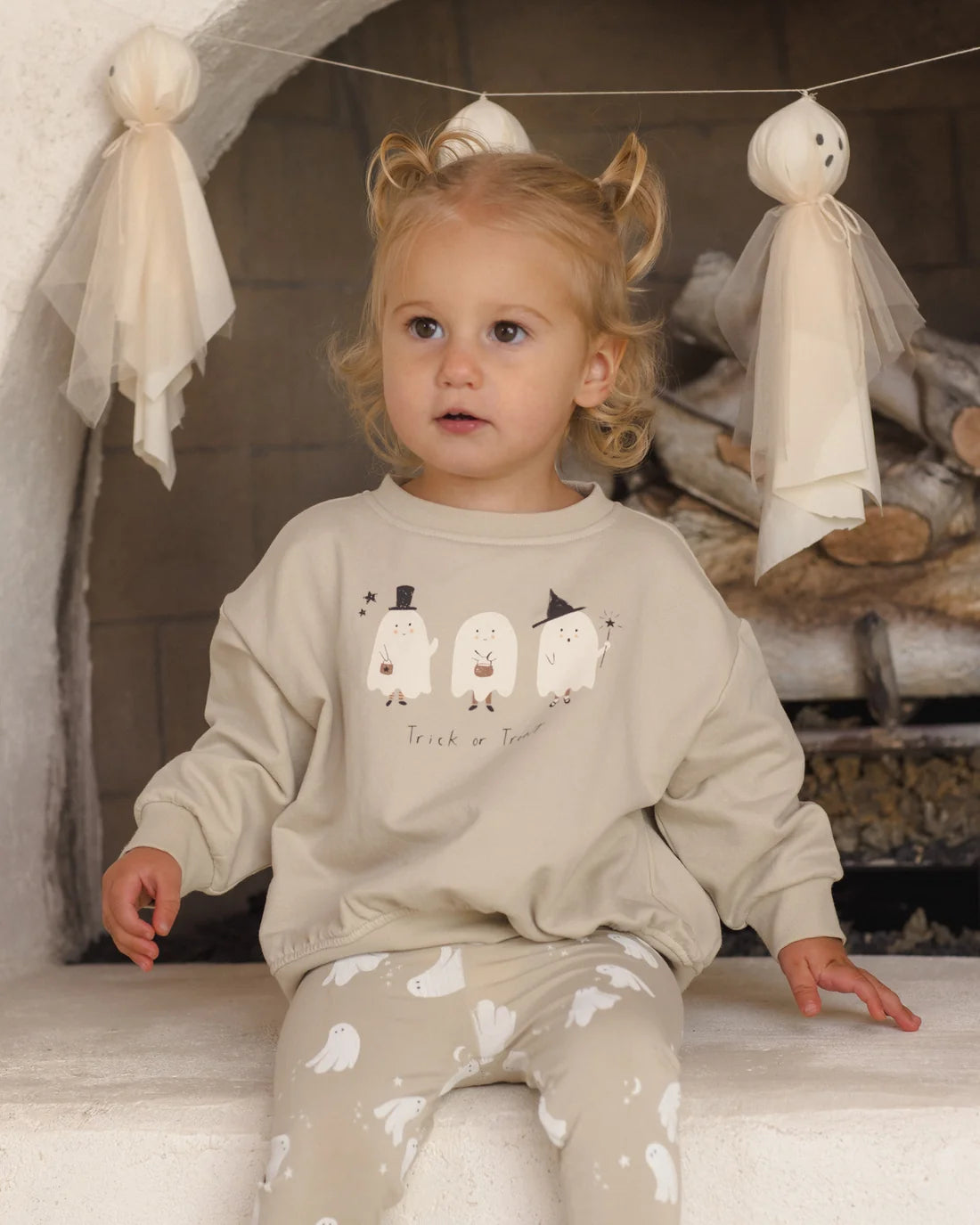 Quincy Mae Trick or Treat relaxed fleece sweatshirt with Halloween-themed design, soft and cozy for kids.
