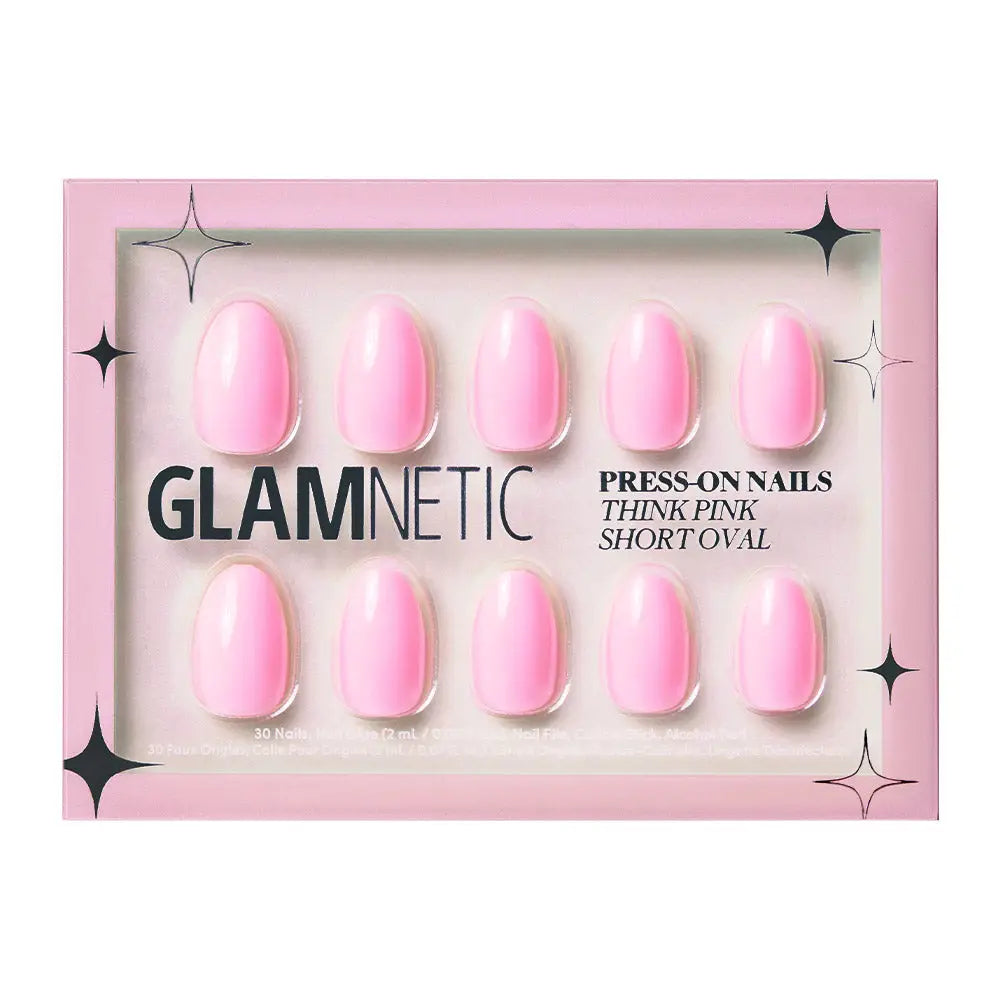 Glamnetic Think Pink press-on nails showing shiny pink and clear acrylic nail tips with a sleek, modern design.