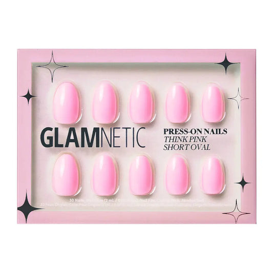 Glamnetic Think Pink press-on nails showing shiny pink and clear acrylic nail tips with a sleek, modern design.