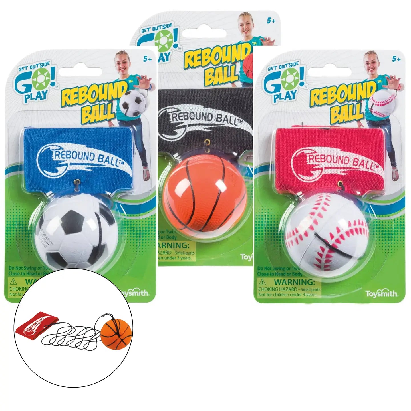 Toysmith Get Outside Go!™ Rebound Ball bouncing on a surface, colorful rubber ball for outdoor play and kids' fun activities