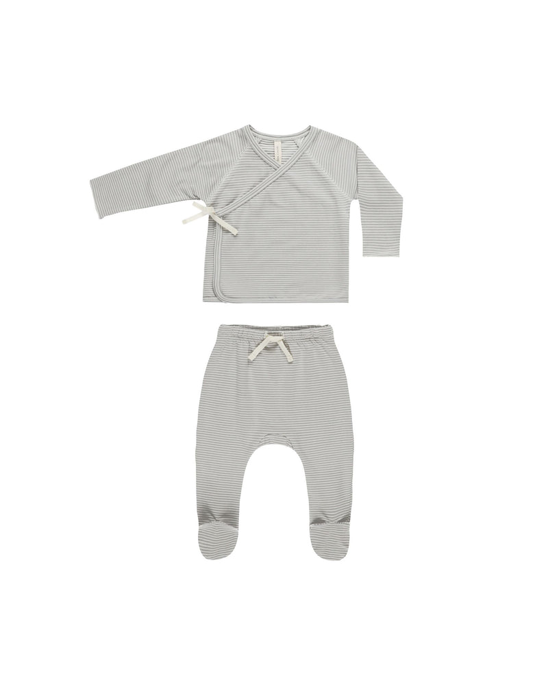 Quincy Mae - Blue Micro Stripe Wrap top + Footed Pant Set