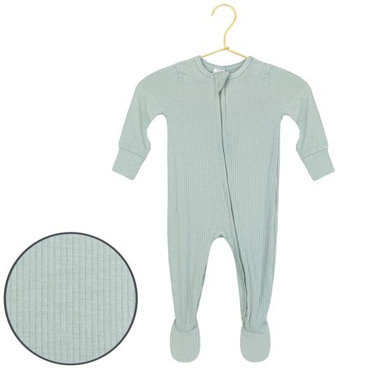 Lou Lou & Co Bailey Ribbed Zipper Footie in bubble pink, featuring a cozy ribbed fabric and front zipper for easy wear.