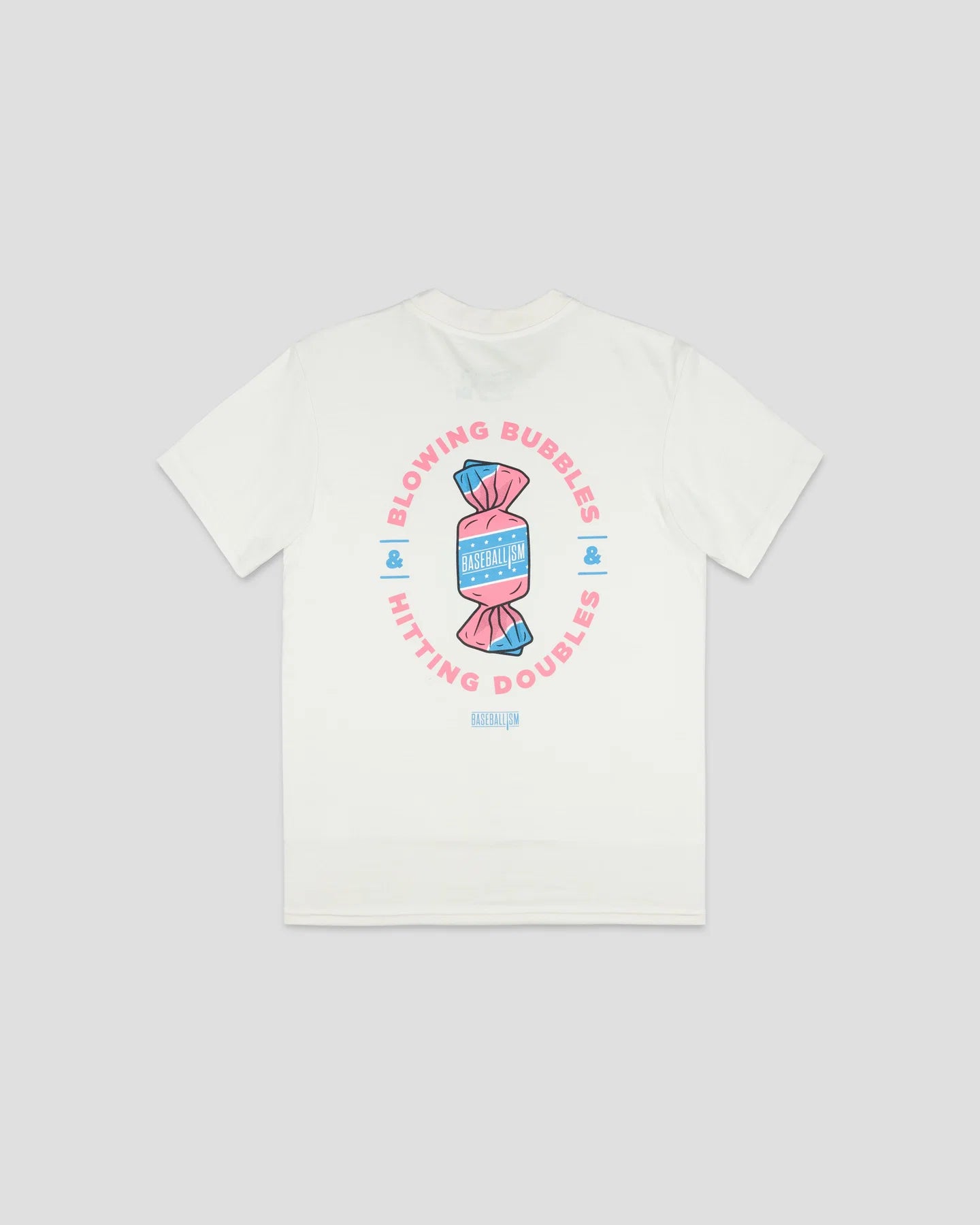 Youth Bubbles and Doubles T-Shirt by Baseballism featuring a colorful baseball graphic on a casual white tee.