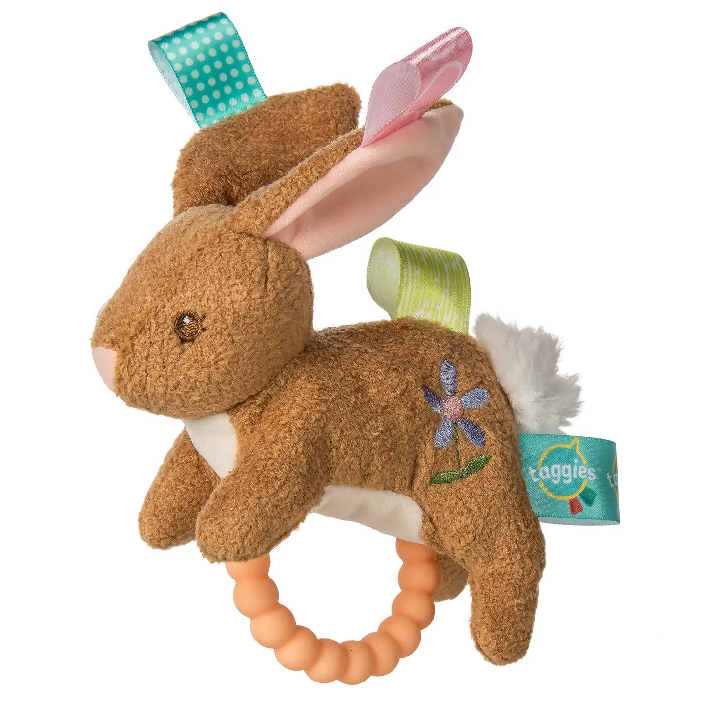 Mary Meyer Taggies Harmony Bunny Teether Rattle with soft fabric and textured teething surface, designed for babies.