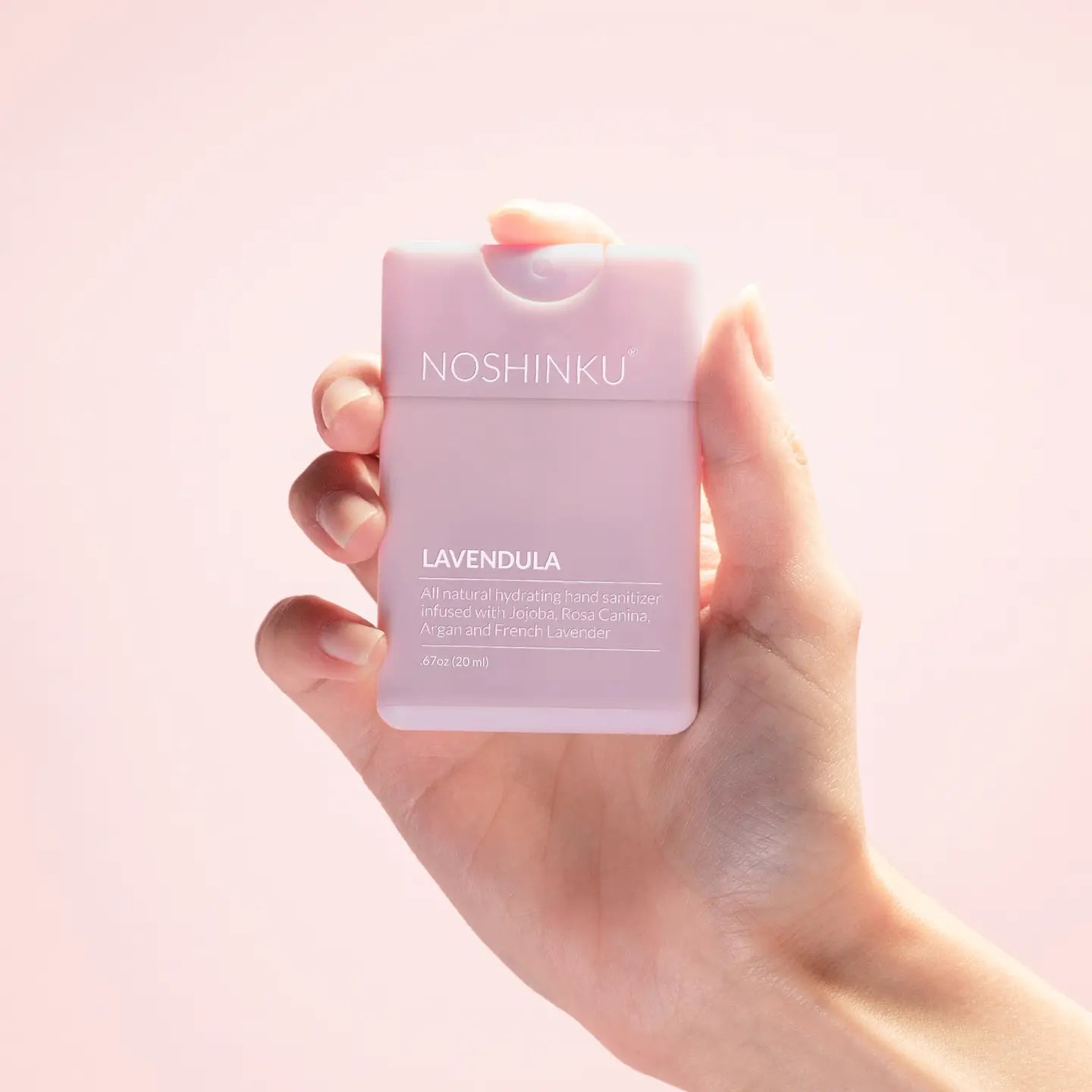 Noshinku Lavender Moisturizing Pocket Hand Sanitizer bottle with lavender scent and moisturizing ingredients, compact for on-the-go use.
