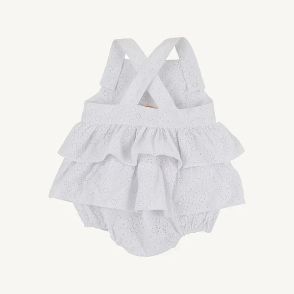 White Blakely Bubble dress by The Beaufort Bonnet Company featuring eyelet back detail and classic bubble style.