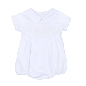 Magnolia Baby - Blessed White Smocked Collared S/S Boy Bubble