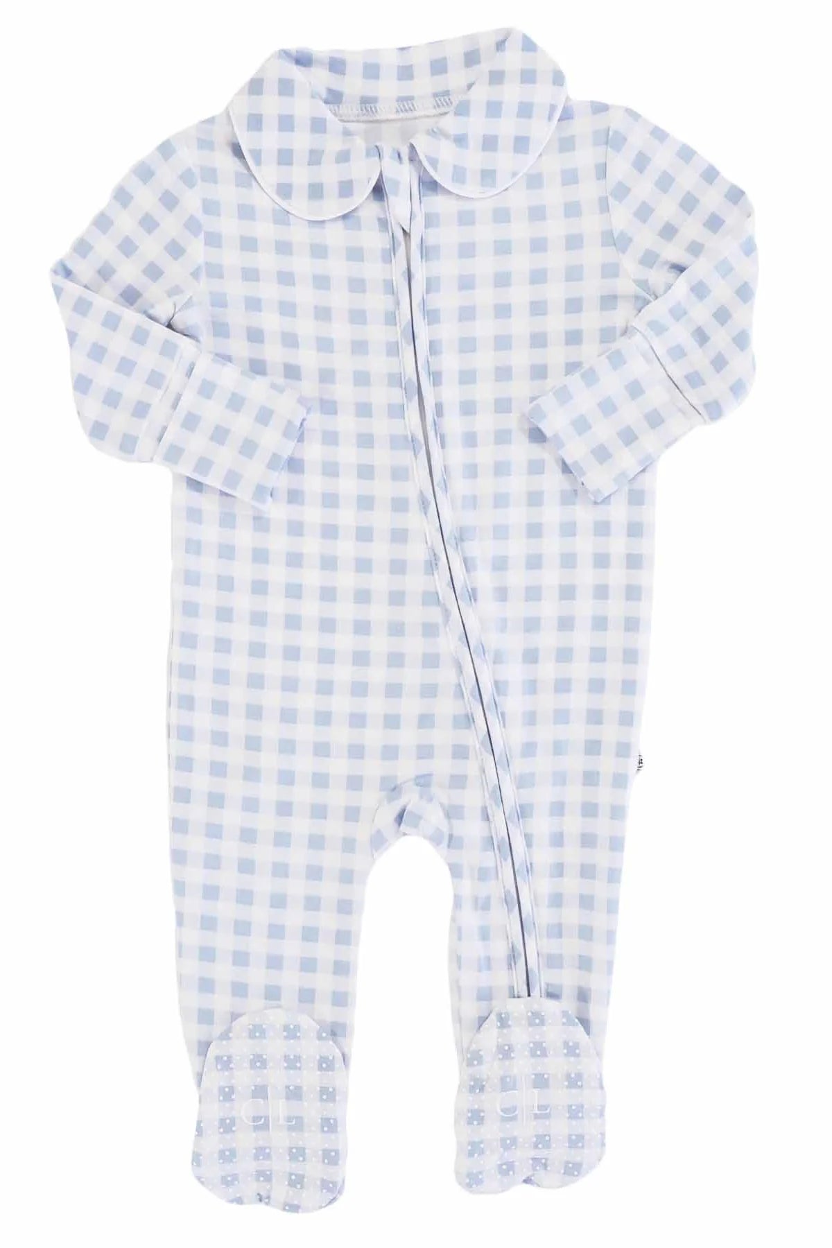 Dusty blue gingham Peter Pan collar zipper footie for babies by Caden Lane, featuring soft fabric and cute design.
