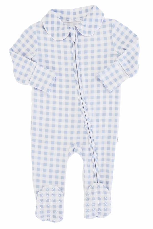 Dusty blue gingham Peter Pan collar zipper footie for babies by Caden Lane, featuring soft fabric and cute design.