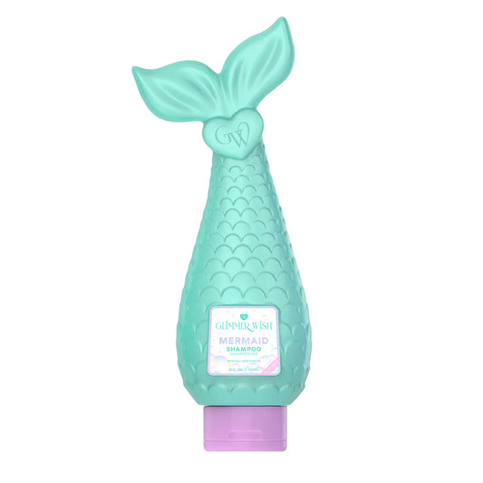 Sweet E's Glimmer Wish Mermaid Kids Shampoo bottle featuring colorful mermaid and ocean-themed design, paraben and sulfate free.
