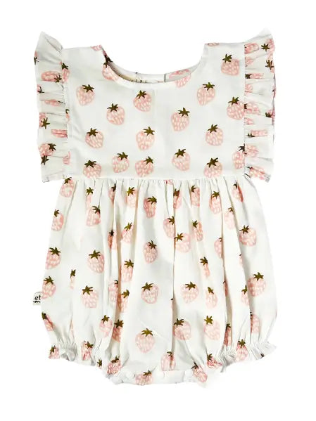 Strawberry pink thin frill sleeve balloon romper by eight thousand miles, featuring a playful, loose-fitting design with ruffled sleeves.