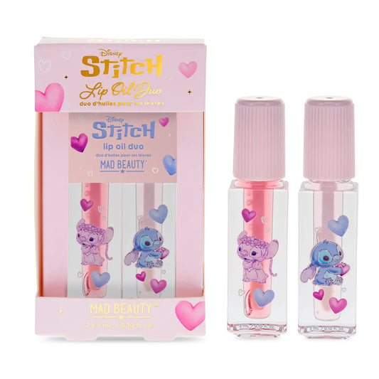 I Heart Stitch Lip Oil Duo by Mad Beauty, featuring two nourishing lip oils with cute stitch-themed packaging.