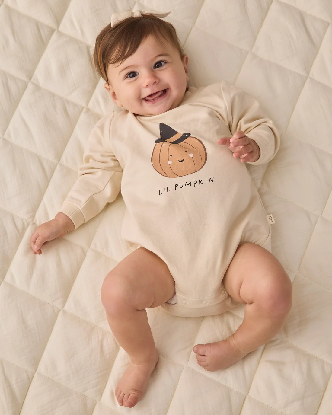 Quincy Mae Lil Pumpkin Crewneck Bubble Romper for babies, featuring soft fabric and adorable pumpkin print in a cozy design.