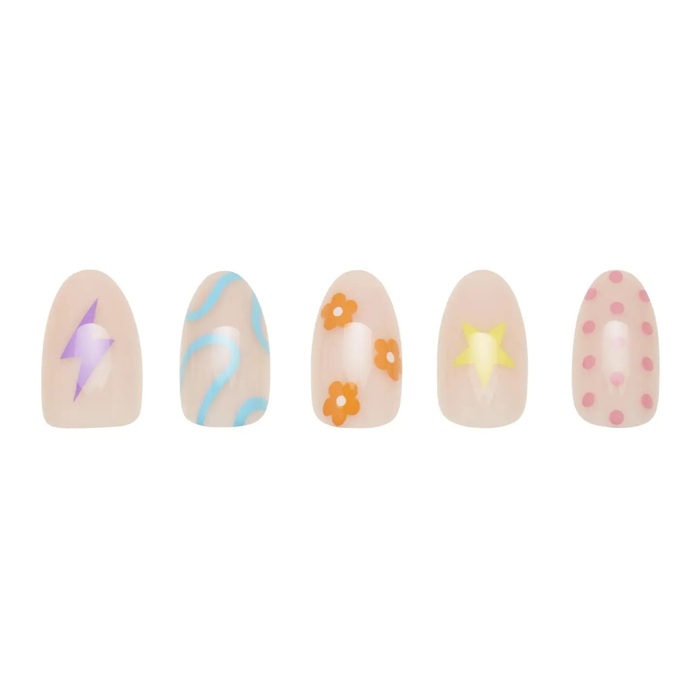 Short oval multicolor Wild Child press-on nails by Glamnetic, showing vibrant, multicolored nail designs on a natural hand.