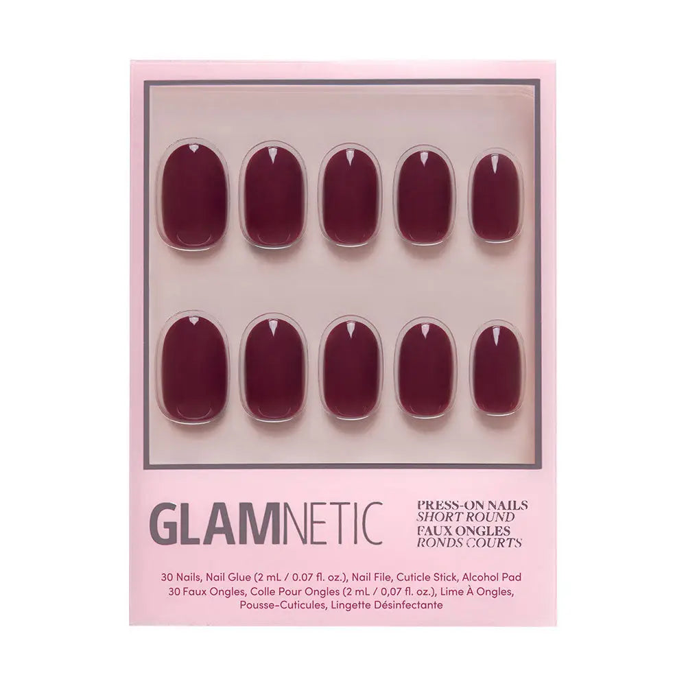 Glamnetic Berry Maroon press-on nails with a glossy finish and rounded shape, perfect for stylish, quick manicures.