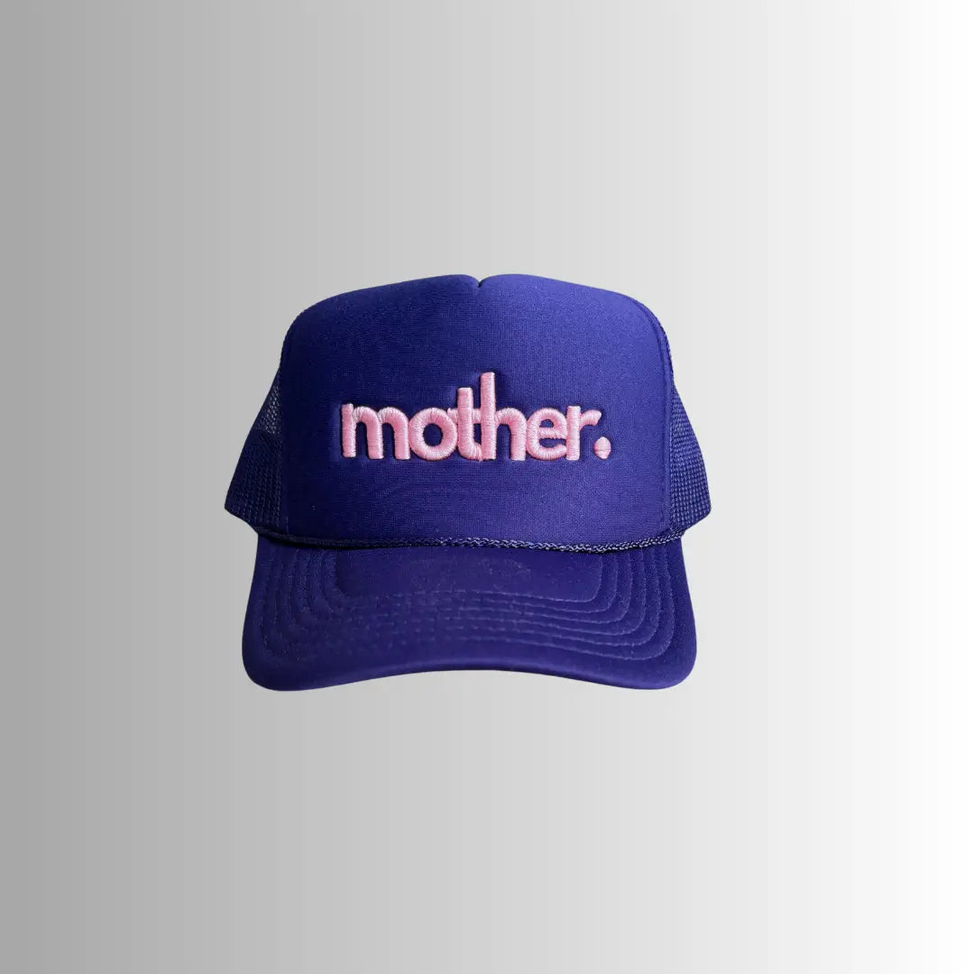 Mother Hats embroidered purple trucker hat with floral embroidery, adjustable mesh back, and curved brim.
