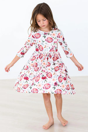 Mila & Rose - Footballs & Flowers 3/4 Sleeve Pocket Twirl Dress