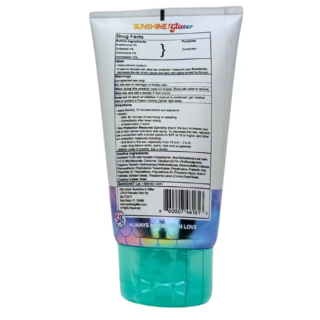 Mermaid Sunscreen Lotion with Glitter by Sunshine & Glitter, showing the colorful bottle and shimmering lotion inside